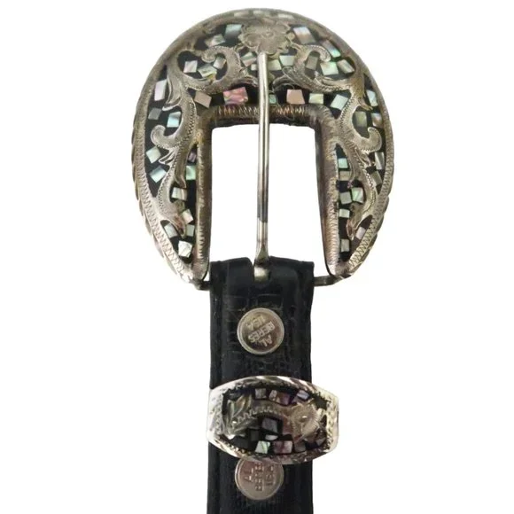 AL BERES Lizard emboss leather belt w Western MOP inlay buckle sz 26